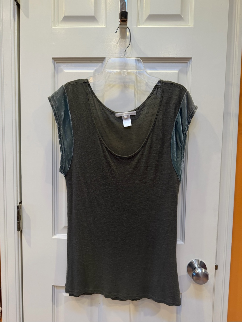 Urban Behavior Olive Green Short Sleeve Top with Velvet Shoulder Panels